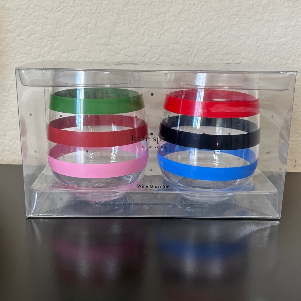 Kate Spade NIB Multicolor Striped Acrylic 14 oz Stemless 2-Piece Wine Glass Set